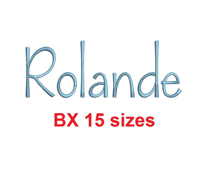 Rolande script embroidery BX font Sizes 0.25 (1/4), 0.50 (1/2), 1, 1.5, 2, 2.5, 3, 3.5, 4, 4.5, 5, 5.5, 6, 6.5, and 7 inches