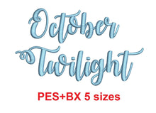 October Twilight embroidery font,  bx (which converts to 17 machine formats), + pes, Sizes 0.25 (1/4), 0.50 (1/2), 1, 1.5 and 2" (MHA)