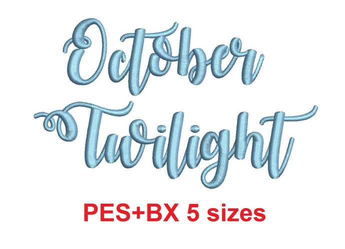 October Twilight embroidery font,  bx (which converts to 17 machine formats), + pes, Sizes 0.25 (1/4), 0.50 (1/2), 1, 1.5 and 2