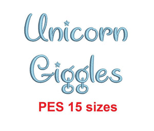 Unicorn Giggles embroidery font PES format 15 Sizes 0.25 (1/4), 0.5 (1/2), 1, 1.5, 2, 2.5, 3, 3.5, 4, 4.5, 5, 5.5, 6, 6.5, and 7" (MHA)