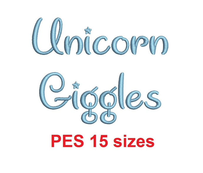 Unicorn Giggles embroidery font PES format 15 Sizes 0.25 (1/4), 0.5 (1/2), 1, 1.5, 2, 2.5, 3, 3.5, 4, 4.5, 5, 5.5, 6, 6.5, and 7