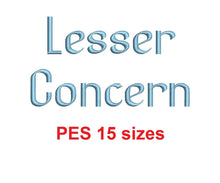 Lesser Concern™ embroidery font PES 15 Sizes 0.25 (1/4), 0.5 (1/2), 1, 1.5, 2, 2.5, 3, 3.5, 4, 4.5, 5, 5.5, 6, 6.5, and 7" (RLA)