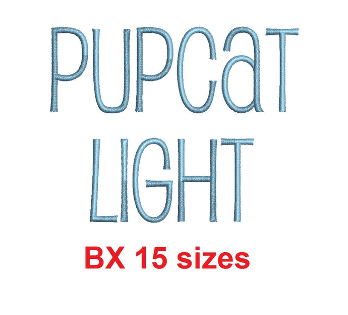 Pupcat Light™ embroidery BX font Sizes 0.25 (1/4), 0.50 (1/2), 1, 1.5, 2, 2.5, 3, 3.5, 4, 4.5, 5, 5.5, 6, 6.5, and 7 inches (RLA)
