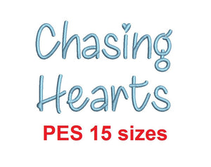 Chasing Hearts embroidery font PES format 15 Sizes 0.25 (1/4), 0.5 (1/2), 1, 1.5, 2, 2.5, 3, 3.5, 4, 4.5, 5, 5.5, 6, 6.5, and 7 inches (MHA)