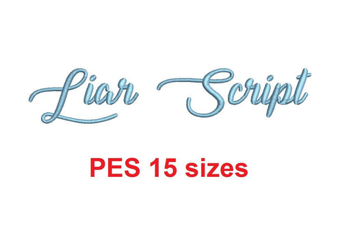 Liar Script embroidery font PES format 15 Sizes 0.25 (1/4), 0.5 (1/2), 1, 1.5, 2, 2.5, 3, 3.5, 4, 4.5, 5, 5.5, 6, 6.5, and 7 inches (MHA)