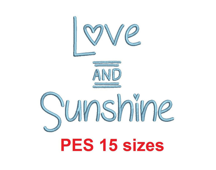 Love and Sunshine embroidery font PES format 15 Sizes 0.25 (1/4), 0.5 (1/2), 1, 1.5, 2, 2.5, 3, 3.5, 4, 4.5, 5, 5.5, 6, 6.5, and 7