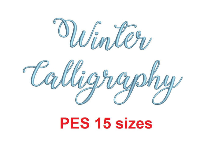 Winter Calligraphy embroidery font PES format 15 Sizes 0.25, 0.5, 1, 1.5, 2, 2.5, 3, 3.5, 4, 4.5, 5, 5.5, 6, 6.5, and 7