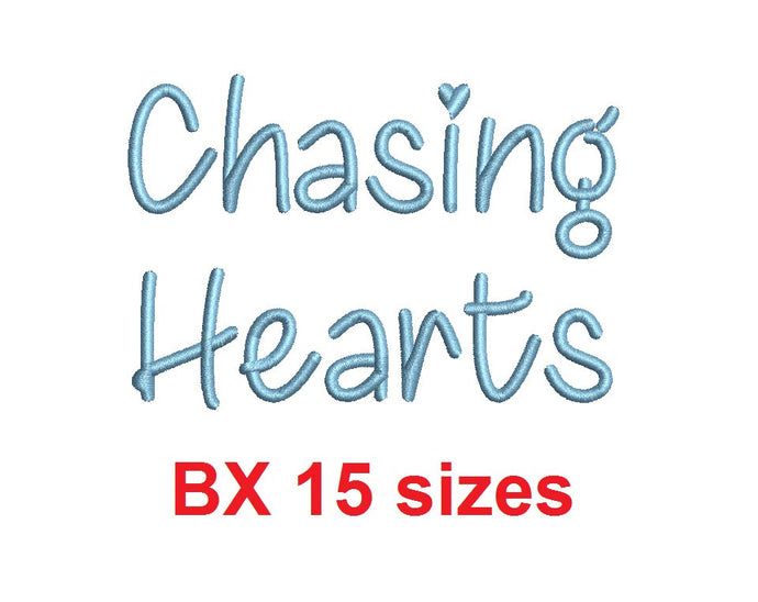 Chasing Hearts embroidery BX font Sizes 0.25 (1/4), 0.50 (1/2), 1, 1.5, 2, 2.5, 3, 3.5, 4, 4.5, 5, 5.5, 6, 6.5, and 7