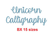 Unicorn Calligraphy embroidery BX font Sizes 0.25 (1/4), 0.50 (1/2), 1, 1.5, 2, 2.5, 3, 3.5, 4, 4.5, 5, 5.5, 6, 6.5, and 7" (MHA)