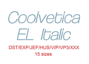 Coolvetica EL Italic™ embroidery font dst/exp/jef/hus/vip/vp3/xxx 15 sizes small to large (RLA)
