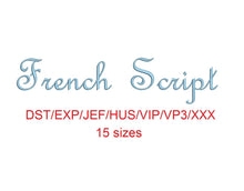 French Script embroidery font dst/exp/jef/hus/vip/vp3/xxx 15 sizes small to large