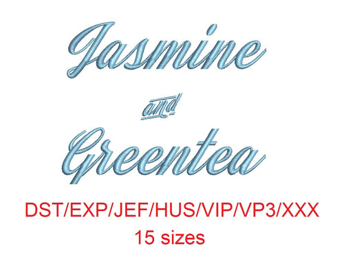 Jasmine and Greentea embroidery font dst/exp/jef/hus/vip/vp3/xxx 15 sizes small to large