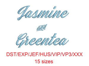 Jasmine and Greentea embroidery font dst/exp/jef/hus/vip/vp3/xxx 15 sizes small to large