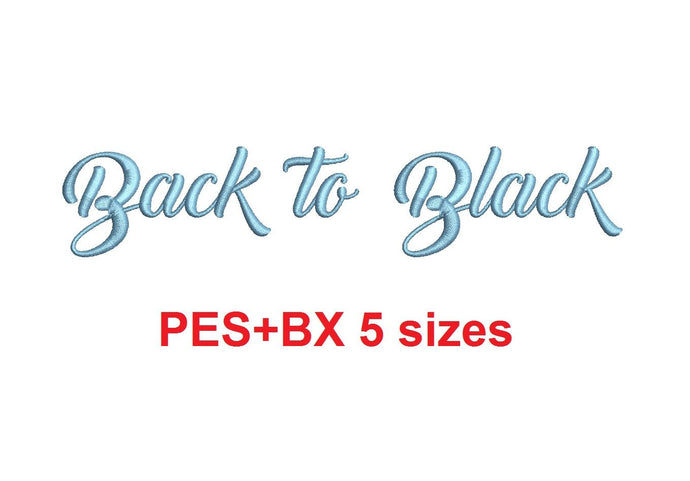Back to Black embroidery font,  format bx (which converts to 17 machine formats), + pes, Sizes 0.25 (1/4), 0.50 (1/2), 1, 1.5 and 2