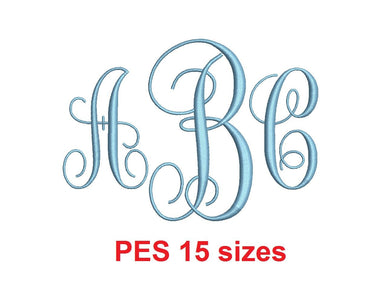 Vine Monogram font PES format Satin Stitches 15 Sizes 0.25 (1/4) up to 7 inches