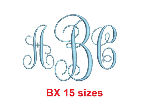 Vine Monogram embroidery BX font Satin Stitches 15 Sizes 0.25 (1/4) up to 7 inches
