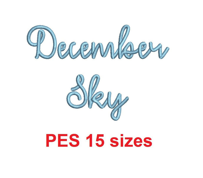 December Sky embroidery font PES format 15 Sizes 0.25 (1/4), 0.5 (1/2), 1, 1.5, 2, 2.5, 3, 3.5, 4, 4.5, 5, 5.5, 6, 6.5, and 7