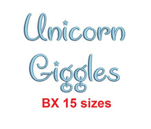 Unicorn Giggles embroidery BX font Sizes 0.25 (1/4), 0.50 (1/2), 1, 1.5, 2, 2.5, 3, 3.5, 4, 4.5, 5, 5.5, 6, 6.5, and 7" (MHA)