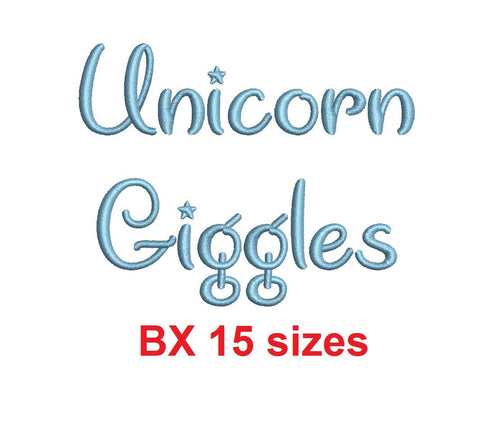 Unicorn Giggles embroidery BX font Sizes 0.25 (1/4), 0.50 (1/2), 1, 1.5, 2, 2.5, 3, 3.5, 4, 4.5, 5, 5.5, 6, 6.5, and 7