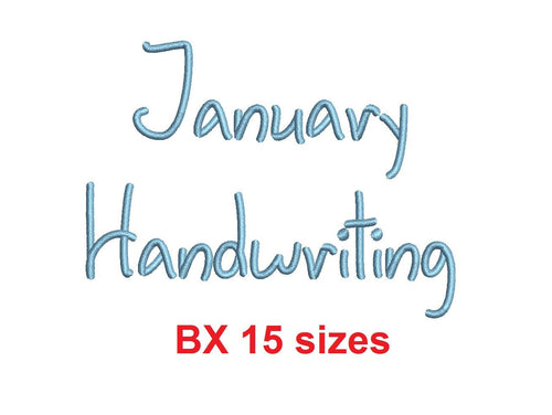 January Handwriting embroidery BX font Sizes 0.25 (1/4), 0.50 (1/2), 1, 1.5, 2, 2.5, 3, 3.5, 4, 4.5, 5, 5.5, 6, 6.5, and 7