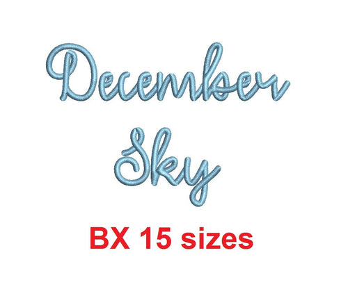 December Sky embroidery BX font Sizes 0.25 (1/4), 0.50 (1/2), 1, 1.5, 2, 2.5, 3, 3.5, 4, 4.5, 5, 5.5, 6, 6.5, and 7