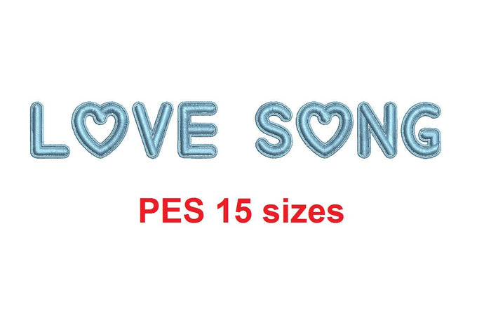 Love Song embroidery font PES format 15 Sizes 0.25 (1/4), 0.5 (1/2), 1, 1.5, 2, 2.5, 3, 3.5, 4, 4.5, 5, 5.5, 6, 6.5, and 7