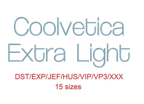 Coolvetica Extra Light™ embroidery font dst/exp/jef/hus/vip/vp3/xxx 15 sizes small to large (RLA)