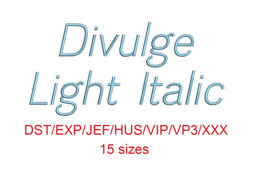 Divulge Light Italic™ embroidery font dst/exp/jef/hus/vip/vp3/xxx 15 sizes small to large (RLA)