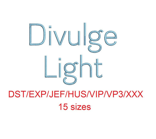 Divulge Light™ embroidery font dst/exp/jef/hus/vip/vp3/xxx 15 sizes small to large (RLA)