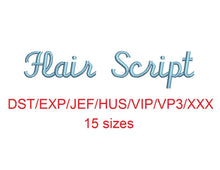 Flair Script embroidery font dst/exp/jef/hus/vip/vp3/xxx 15 sizes small to large