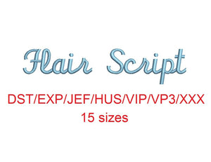 Flair Script embroidery font dst/exp/jef/hus/vip/vp3/xxx 15 sizes small to large