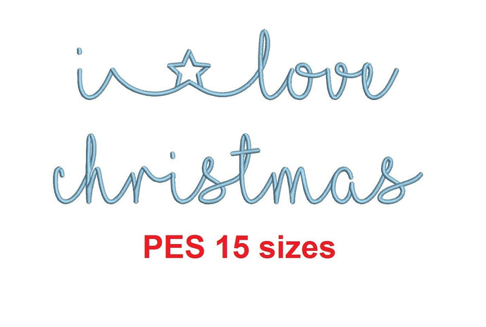 I Love Christmas embroidery font PES format 15 Sizes 0.25, 0.5, 1, 1.5, 2, 2.5, 3, 3.5, 4, 4.5, 5, 5.5, 6, 6.5, and 7