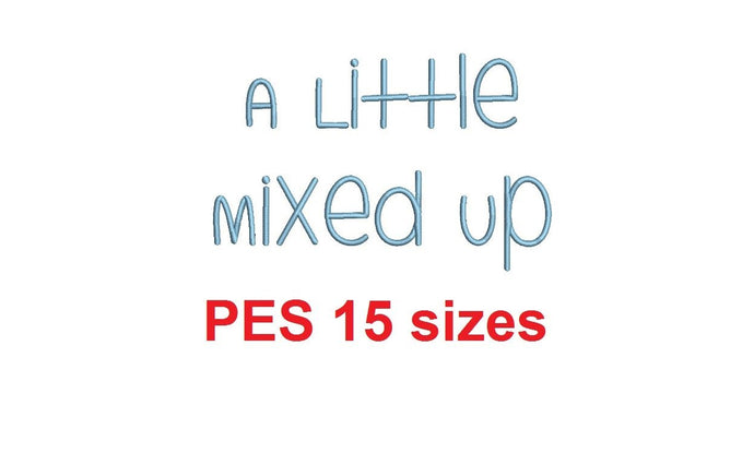 A Little Mixed Up embroidery font PES format 15 Sizes 0.25 (1/4), 0.5 (1/2), 1, 1.5, 2, 2.5, 3, 3.5, 4, 4.5, 5, 5.5, 6, 6.5, 7