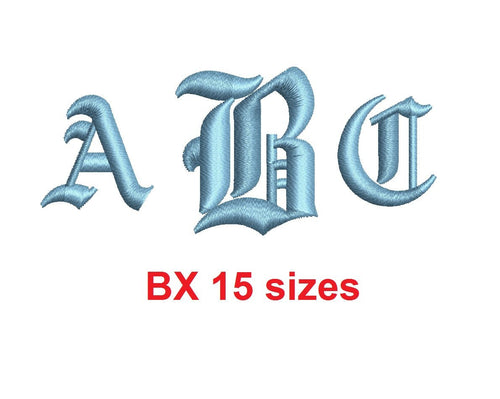 Old English Monogram embroidery BX font Satin Stitches 15 Sizes 0.25 (1/4) up to 7 inches