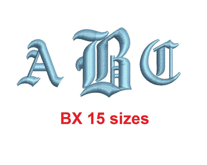 Old English Monogram embroidery BX font Satin Stitches 15 Sizes 0.25 (1/4) up to 7 inches