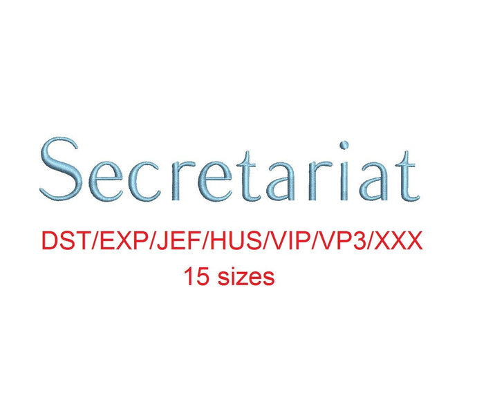 Secretariat embroidery font dst/exp/jef/hus/vip/vp3/xxx 15 sizes small to large