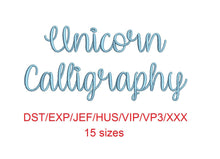 Unicorn Calligraphy embroidery font dst/exp/jef/hus/vip/vp3/xxx 15 sizes small to large (MHA)