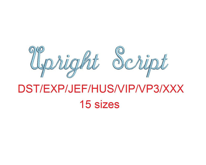 Upright Script embroidery font dst/exp/jef/hus/vip/vp3/xxx 15 sizes small to large